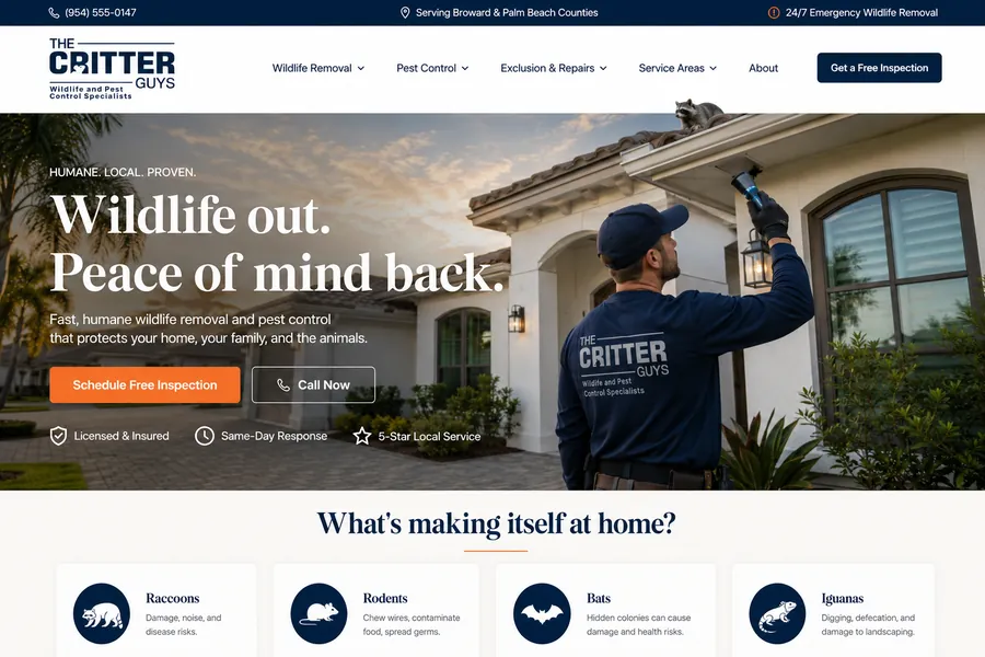 Sample website designed for The Critter Guys, a pest control company